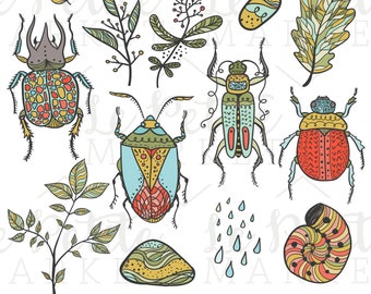 以下が含まれることがあります： 手描きでカラフルな、カブトムシ、葉っぱ、その他の自然からインスピレーションを受けた要素のイラストのセット。カブトムシは、さまざまなスタイルと色で描かれており、複雑なディテールが施されています。このセットには、クラフト、スクラップブッキング、デジタルデザインに使用できるさまざまな要素が含まれています。