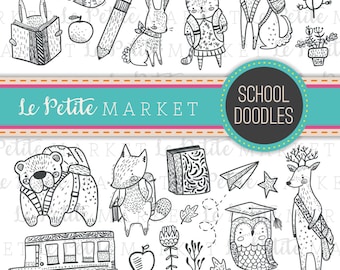 School Animals Clipart Images, Black and Chalkboard Doodles, Woodland Animals, Back to School Animals Clipart
