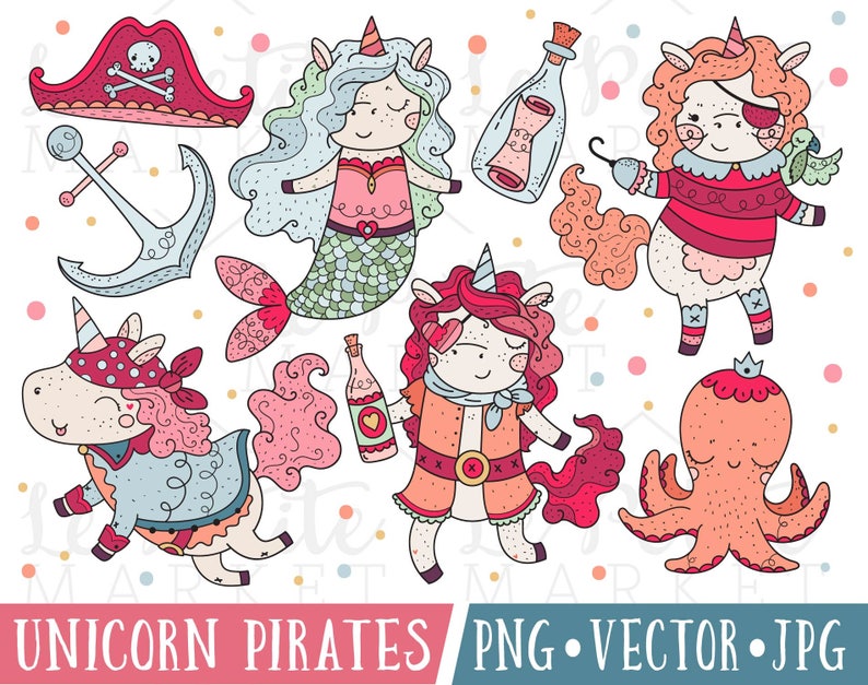May include: A set of digital clipart featuring unicorn pirates. The set includes a mermaid unicorn, a unicorn with an eye patch and a sword, a unicorn with a pirate hat, an octopus, and a bottle with a rolled up scroll inside. The clipart is in a cartoon style with bright colors and whimsical details.