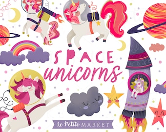 Space Unicorns Clipart Images, Unicorn Astronaut Clipart, Rocket Ship, Rainbow, Space Clip Art, Kawaii Unicorn Illustrations, PNG Download