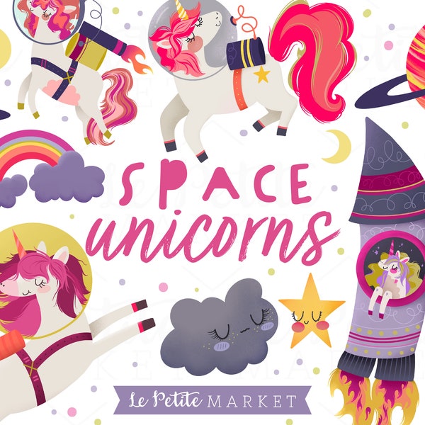 Space Unicorns Clipart Images, Unicorn Astronaut Clipart, Rocket Ship, Rainbow, Space Clip Art, Kawaii Unicorn Illustrations, PNG Download