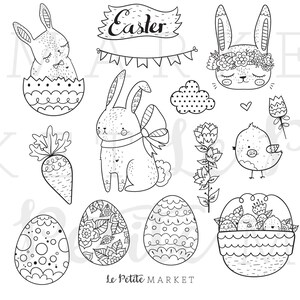 K&ouml;nnte beinhalten: Schwarz-wei&szlig;e Strichzeichnungen von Ostern-Motiven, darunter Hasen, Eier, ein K&uuml;ken, eine Karotte, Blumen und ein Korb. Der Text "Easter" ist im Bild enthalten.