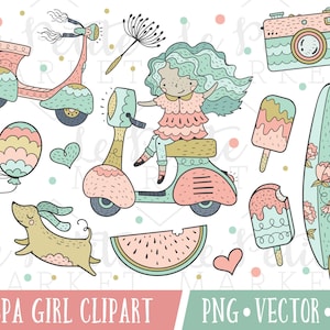 Hand Drawn Cute Vespa Girl Clipart Set, Vintage Scooter Clipart, Summer Girl Clipart Illustrations, Watermelon and Surfboard Clipart