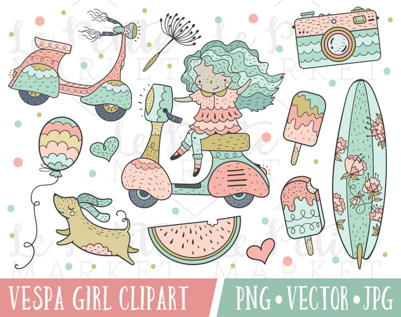 May include: A set of colourful digital clipart featuring a girl riding a scooter, a surfboard, a watermelon, a popsicle, a balloon, a dog, and a camera. The images are in a cartoon style with pastel colours.