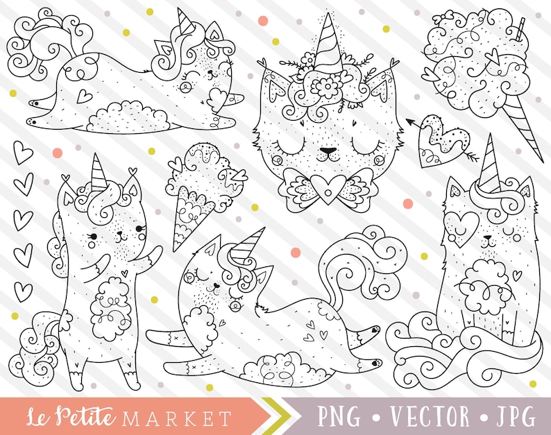 May include: Black and white line art illustrations of cute unicorn cats. The illustrations include a cat with a unicorn horn, a cat with a unicorn horn and a bow, a cat with a unicorn horn and a tail, a cat with a unicorn horn and a cloud, and a heart with an arrow.