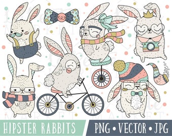 Easter Bunny Clipart, Cute Rabbit Clip Art Instant Download Digital Illustrations, Hipster Woodland Easter Animals, Unicycle, Bicycle, PNG