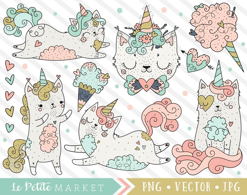 May include: A set of digital illustrations featuring cute unicorn cats with pastel pink, blue, and yellow colors. The illustrations include a cat with a bow tie, a cat with a flower crown, and a cat with a cotton candy tail. The text "Le Petite Market" and "PNG - VECTOR - JPG" is included in the image.