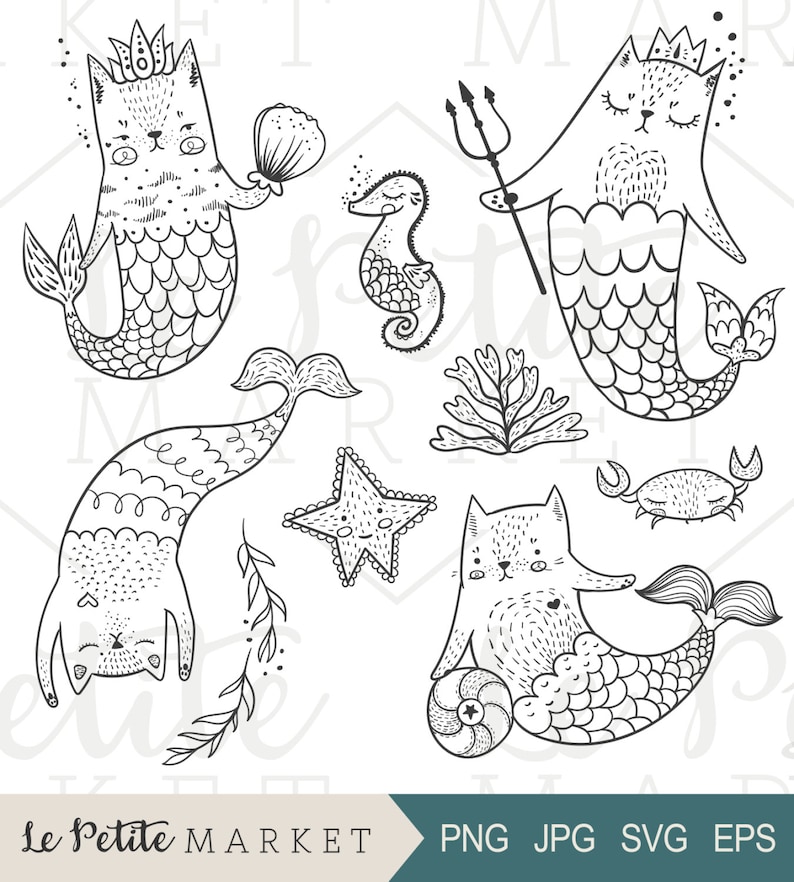 Hand Drawn Mermaid Cat Clipart, Mermaid Clip Art, Cat Mermaid Illustrations, MerCats CatFish, Cute Nautical Clip Art, Hand Drawn Cat Clipart image 1