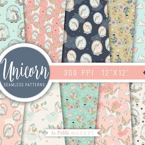 Unicorn Digital Paper Pack, Cute Unicorn Paper Printable, Unicorn Seamless Patterns, Cloud Paper, Whimsical Paper Pattern Floral Unicorns