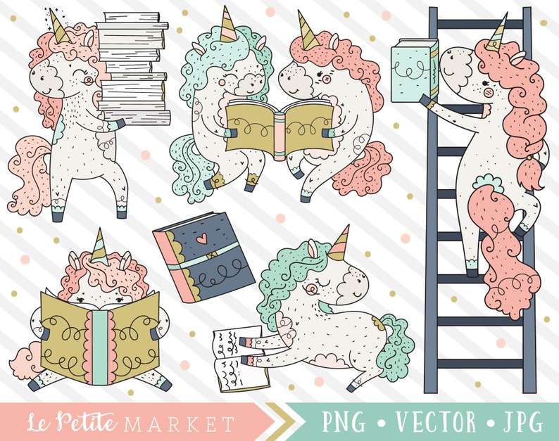 May include: A set of digital clipart featuring illustrations of unicorns reading books. The unicorns are in various poses, including carrying stacks of books, climbing a ladder, and sitting on the floor reading. The illustrations are in a whimsical style with pastel colors and polka dots.