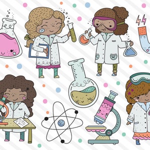 May include: Illustration of four girls dressed as scientists with lab coats, goggles, and lab equipment. The girls are surrounded by science-themed objects, including beakers, a microscope, a magnet, and an atom.