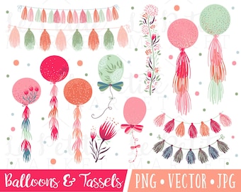 Borlas de Bohemia y globos ilustraciones, bohemio guirnalda Clipart, ilustraciones para la boda invita acuarela confeti pintado Clipart