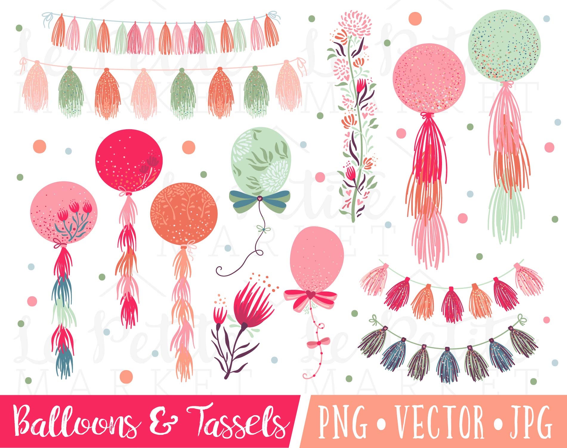 Bohemian Tassels and Balloons Illustrations Bohemian Garland Etsy