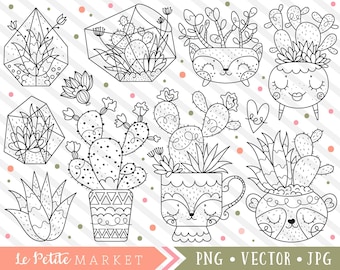 Cute Succulent Clipart Set, Cute Cactus Clip Art Designs, Digital Stamps, Potted Plants, Terrarium Clipart Cactus Art Hand Drawn Clipart PNG