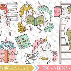 Lesen Einhorn-Clipart-Bilder, niedlich Bibliothek ClipArt Illustrationen, Nerdy Einhörner Bibliothek Clip Art kommerzielle Nutzung von Hand gezeichnet Clipart