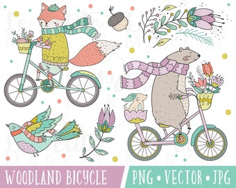 Hipster Forest Animals Clipart Set, Woodland Creatures Illustrations, Woodland Illustrations, Bear Riding Bicycle Illustration, Hipster Fox