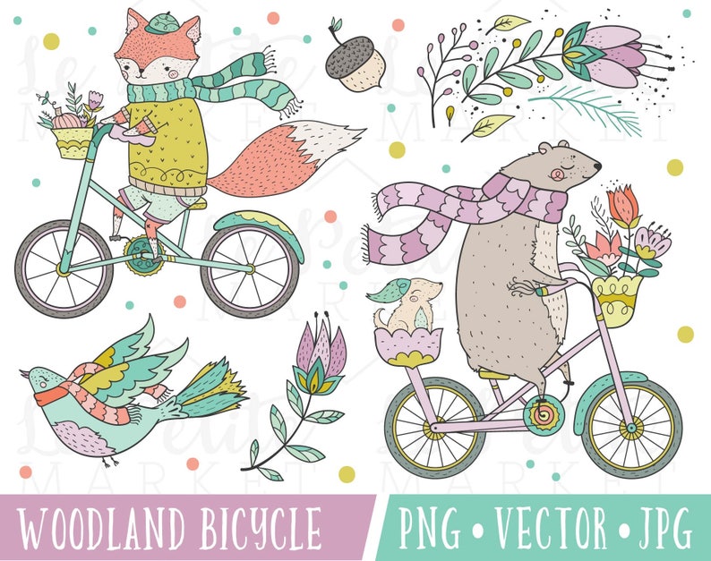 Hipster Forest Animals Clipart Set, Woodland Creatures Illustrations, Woodland Illustrations, Bear Riding Bicycle Illustration, Hipster Fox image 1