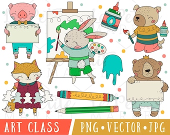Art Class Animals Clipart Images, Cute Art Class Clipart, Art Classroom Clipart, Cute School Clipart, Cute Painting Clipart, Teacher Clipart