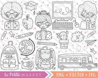 Cute School Clipart Set, Cute Teacher Clip Art Images, Teacher Digital Stamps, School Bus, Backpack, Classroom, Back to School Graphics PNG