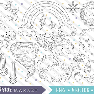 Weather Clipart Images, Cute Weather Clip Art, Sun Clipart, Rainbow, Tornado Clipart, Kawaii Weather Clipart, Digital Stamps, Commercial Use