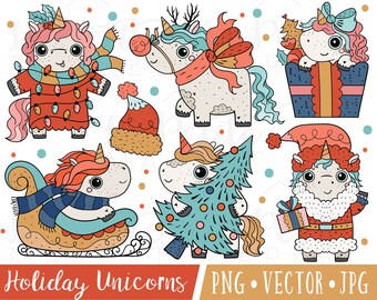 Kawaii Christmas Clipart, Cute Christmas Unicorns Clipart Illustrations, Printable Unicorn Stickers, Holiday Unicorn Digital Stickers PNG
