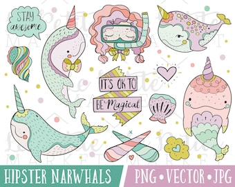 Hipster Narwhal Clipart Images, Narwhal Clip Art Illustrations, Digital Narwhal Graphics, Narwhal Vectors, Digital Stickers