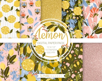 Lemon Digital Paper Pack, Glitter Paper, Lemon Patterns, Seamless Pattern, Wildflower Summer Florals, Blossom, Citrus Paper, Scrapbooking