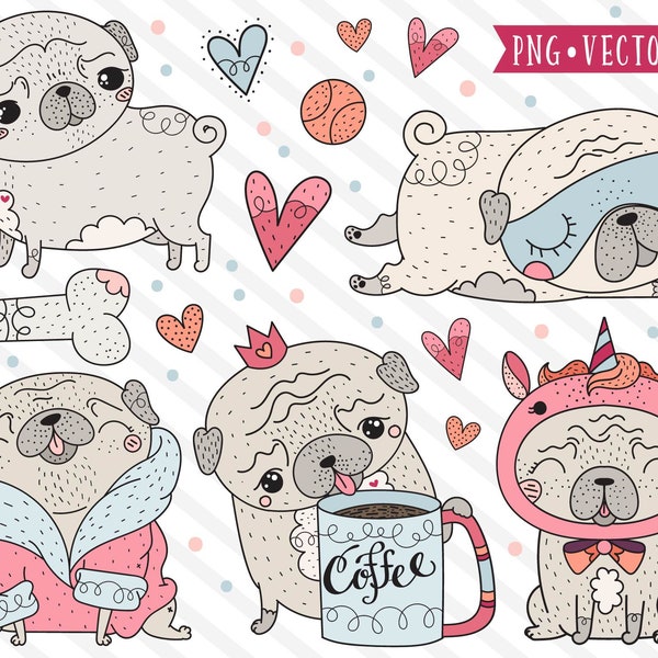 Kawaii Pug Clipart Images, Cute Pug Illustration Set, Commercial Use Clipart, Premium Vector, Dog Clipart, Cute Petshop Clipart, Pug Clipart