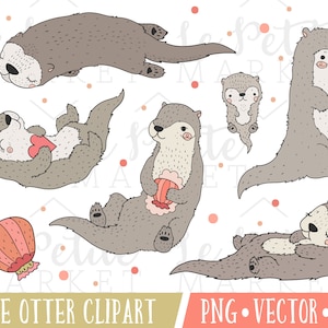 Cute Otter Clipart Images, Cute Otter Clip Art, Otter Illustration Set, Kawaii Otters, Sea Animals, Otter Vector, Cute Otter PNG