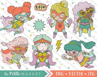 Superhero Girls Clip Art, Super Hero Clipart, Clipart for Teachers, Superhero Digital Stamps, Commercial Use Clipart, Comic Book Clipart PNG