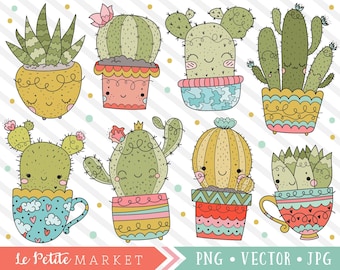 Insieme di Clipart di cactus, Cactus carina clipart vettoriali, uso commerciale, digitale stampabile Cactus disegni, grafica di Cactus, Cactus di Kawaii