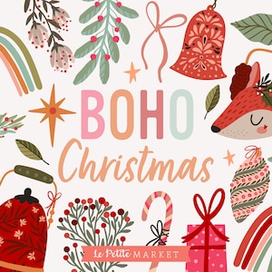 Boho Christmas Clipart, Cozy Boho PNG, Retro Christmas Rainbows, Woodland Hygge Png, Tea Kettle, Santa Holly Greenery, Ornaments Png