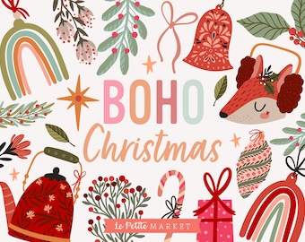 Boho Christmas Clipart, Cozy Boho PNG, Retro Christmas Rainbows, Woodland Hygge Png, Tea Kettle, Santa Holly Greenery, Ornaments Png