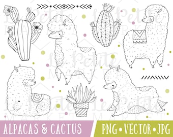 Cute Alpaca Clipart Images, Cute Llama Clipart Set, Cactus and Alpacas with Tribal Patterns, Llama Digital Stamps, Alpaca Illustrations