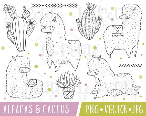 Cute Alpaca Clipart Images, Cute Llama Clipart Set, Cactus and Alpacas with Tribal Patterns, Llama Digital Stamps, Alpaca Illustrations