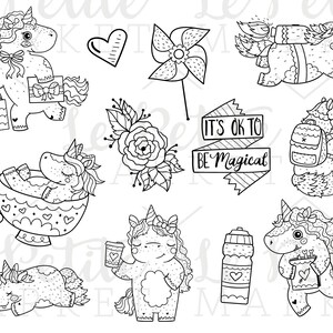 Puede incluir: Ilustraciones en blanco y negro de unicornios en varias poses. Las ilustraciones incluyen un unicornio sosteniendo un regalo, un unicornio en una taza de t&eacute;, un unicornio con una mochila, un unicornio con una botella de agua, un unicornio con un molinillo de viento y un unicornio con una taza de caf&eacute;. El texto "It's OK to be Magical" est&aacute; incluido en la imagen.