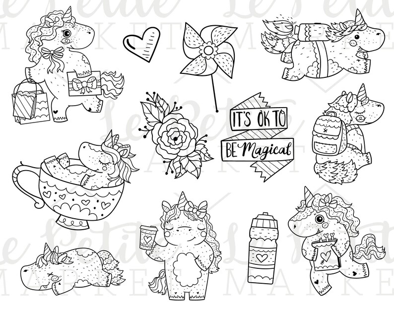 Puede incluir: Ilustraciones en blanco y negro de unicornios en varias poses. Las ilustraciones incluyen un unicornio sosteniendo un regalo, un unicornio en una taza de t&eacute;, un unicornio con una mochila, un unicornio con una botella de agua, un unicornio con un molinillo de viento y un unicornio con una taza de caf&eacute;. El texto "It's OK to be Magical" est&aacute; incluido en la imagen.