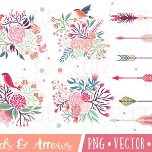 Puede incluir: Un conjunto de ilustraciones digitales con coloridos ramos de flores, pájaros y flechas. Las flores son rosas, rojas y verdes. Los pájaros son rojos y naranjas. Las flechas están decoradas con patrones coloridos.
