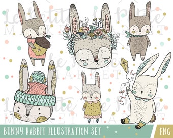 Cute Digital Bunny Rabbit Clip Art, Hand Drawn Bunnies, Digital Bunny Rabbits Clipart Rabbit Illustration Nursery Digital Art Commercial Use