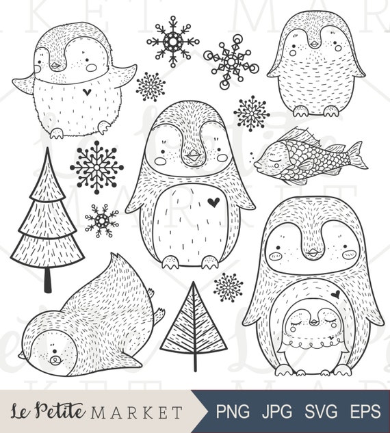 Niedlichen Pinguin Clipart Von Hand Gezeichnete Pinguin Etsy
