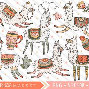 Llama Clipart Set, Cute Llama Clip Art Images, Llama Illustrations Cactus, Peru Alpaca Clipart Designs, Kawaii Llamas, Instant Download