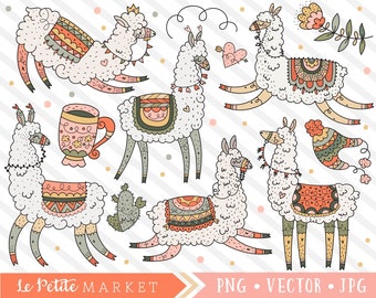 Llama Clipart Set, Cute Llama Clip Art Images, Llama Illustrations Cactus, Peru Alpaca Clipart Designs, Kawaii Llamas, Instant Download