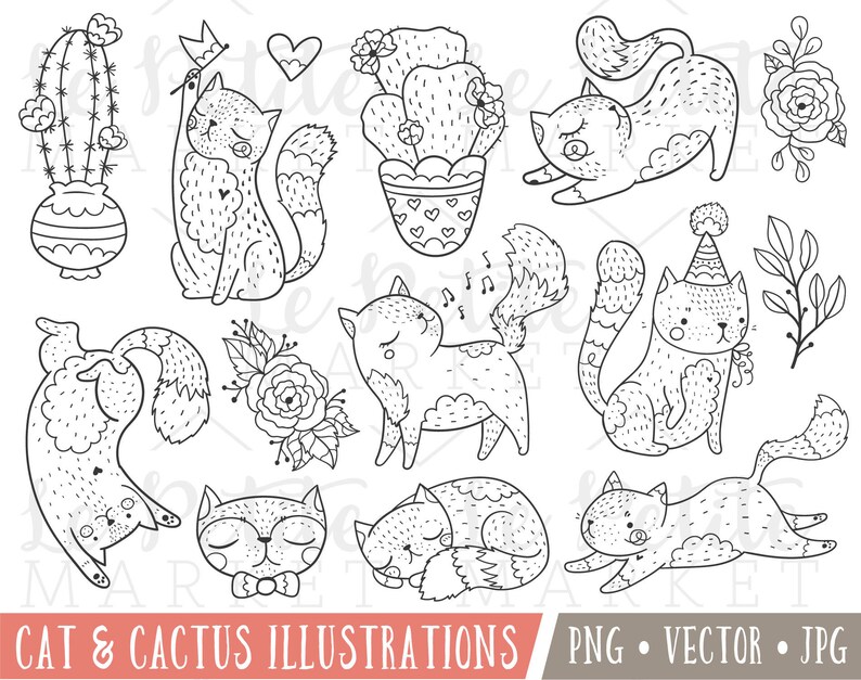 Cat Clip Art Images, Cute Cat Clipart, Cute Cat Illustrations, Cactus Clip Art Images, Succulents, Kittens, Planner Cats, Cat Digital Stamps image 1