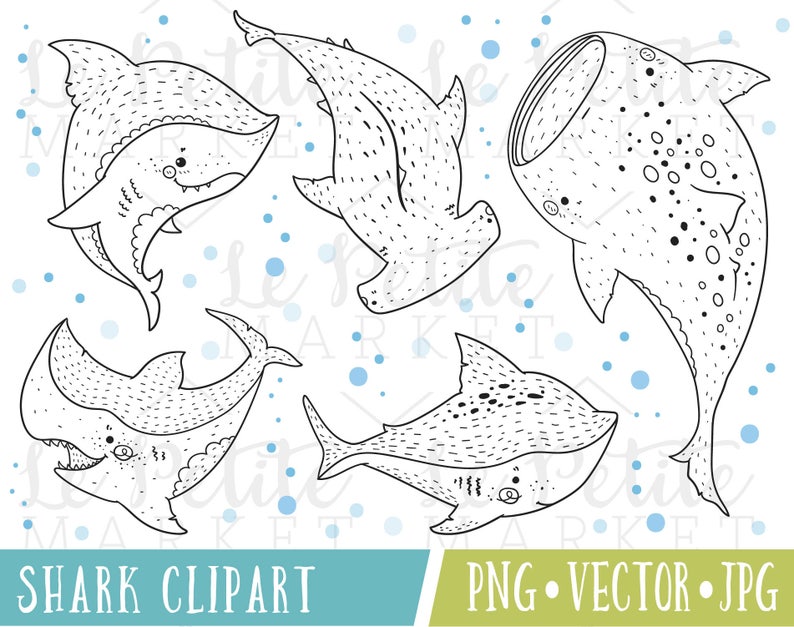 May include: Black and white line art clip art of five different sharks. The sharks are in various poses, including swimming, jumping, and resting. The sharks are all outlined in black and have a dotted pattern.