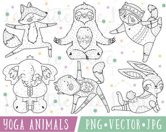 Cute Yoga Clipart, Cute Yoga Animals Clipart, Clipart Yoga Animals, Elephant Clipart, Fox Clipart, Sloth Clipart, Cute Yogi Clipart PNG