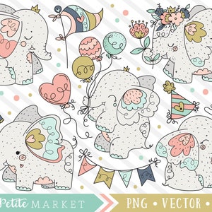 Imágenes prediseñadas del elefante, lindo bebé elefante clip arte, ilustraciones de elefantes, clipart de la guardería, animales lindos del bebé, línea vectorial de sellos digitales