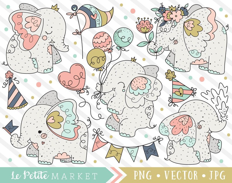 May include: A collection of whimsical, cartoon-style elephants in various poses, adorned with party hats, balloons, and floral accents. The elephants are primarily gray with pastel pink, blue, and gold details, set against a striped background.