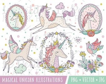 Whimsical Unicorn Illustration Set, Cute Unicorn Clip Art Set, Unicorn Clipart, Lavender Purple Mint Pink, Nursery Clipart, for Girls