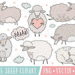 May include: A set of eight cute cartoon sheep illustrations in various poses, including a sheep holding a heart, a sheep with a speech bubble saying "BAAAA!" and a sheep sleeping. The sheep are drawn in a simple, whimsical style with soft, pastel colors.