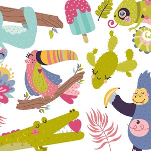 May include: A colorful illustration featuring a variety of jungle animals, including a sloth, toucan, chameleon, cactus, gorilla, crocodile, and a popsicle. The animals are all smiling and have large eyes. The illustration is set against a white background.